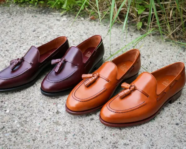Eleganckie, skórzane loufersy z chwostami w kolorze koniaku i burgundu, ułożone na betonowej nawierzchni.