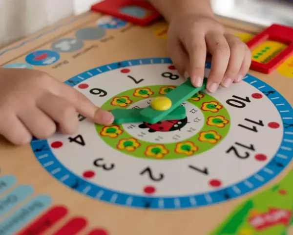 Kind lernt Uhrzeit: Zeiger auf 9, wie bringe ich meinem Kind die Uhr bei? Bunte Lernuhr mit Marienkäfer.