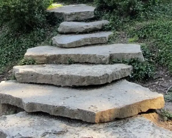 Kamienne stopnie prowadzą na taras przez zielony skalniak.