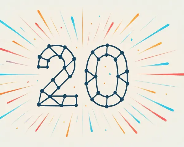 Il numero 20, formato da punti collegati, esplode in un'esplosione di colori, come un pecha kucha di idee.