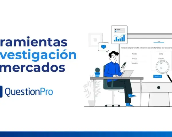 Ilustración de herramientas para investigar el mercado, con un hombre interactuando con una pantalla de computadora que muestra opciones de compra de televisores.