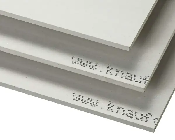 Tre staplade gipsskivor visar olika gipsskiva tjocklek. Texten "www.knauf" är tryckt på skivorna.