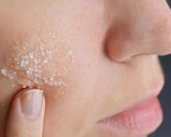 Dito, un dito applica un peeling acido glicolico a casa, con cristalli visibili sulla pelle.
