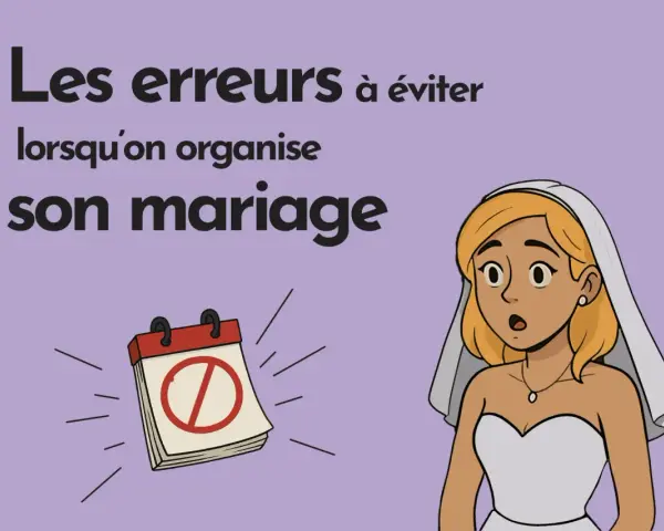 Une mariée surprise regarde un calendrier barré, symbolisant les erreurs à éviter pour organiser son mariage, y compris le dossier mariage mairie.