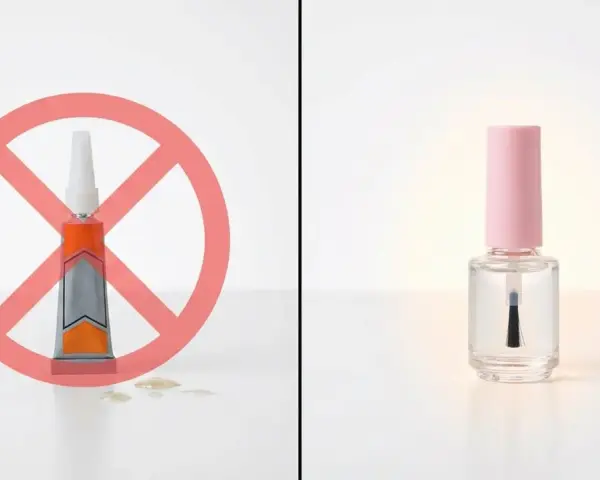 A tube of glue with a red prohibition sign over it, contrasted with a bottle of clear nail polish.