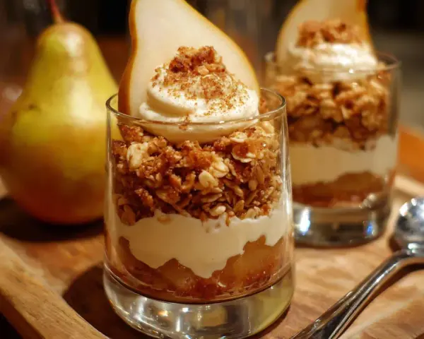 Postre de pera en vaso con crema y granola, acompañado de una pera entera.