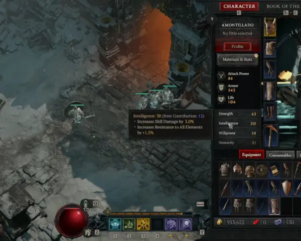 Personaje nigromante en Diablo 4, con estadísticas de inteligencia y equipo.