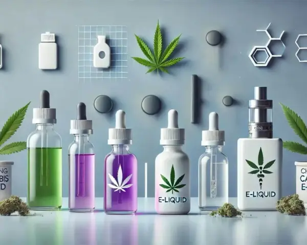 Variedad de frascos con líquidos de colores y hojas de cannabis, mostrando los **sabores de líquidos para cigarrillos electrónicos**.