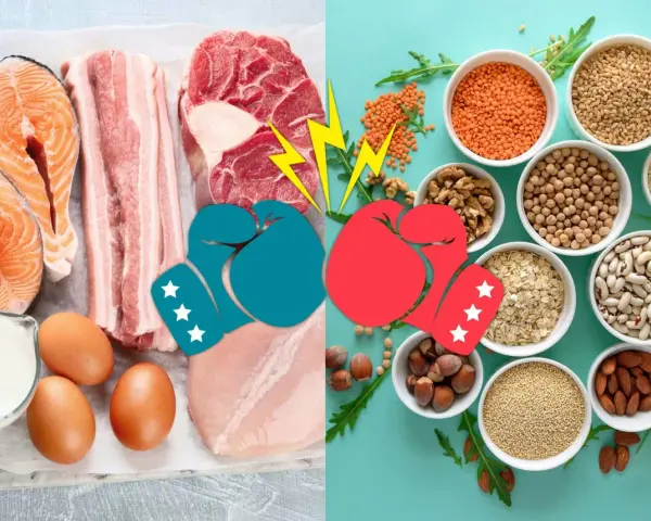 Kamp mellan animaliskt protein (lax, bacon, kött, kyckling, ägg, mjölk) och vegetabiliska proteinkällor (linser, nötter, bönor, havre, quinoa, mandlar).