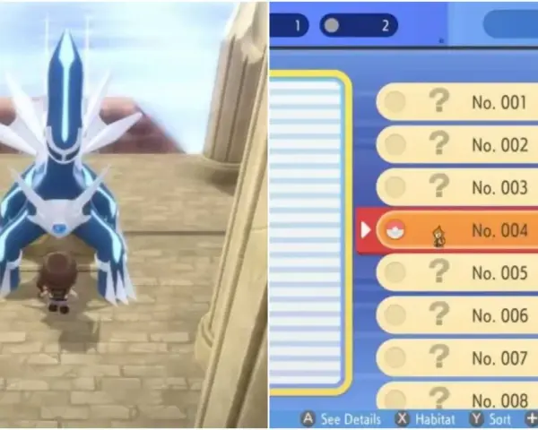 Jugador frente a Dialga en Pokémon Diamante Brillante. A la derecha, la Pokédex Nacional muestra a Chimchar, No. 004.
