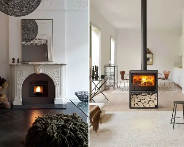 Due eleganti caminetti moderni, uno a legna e uno a pellet, riscaldano due diversi ambienti domestici con il loro calore invitante.