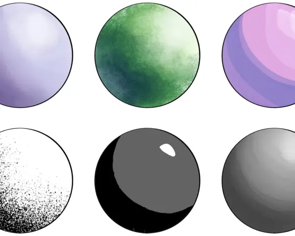Seis círculos con diferentes texturas y sombreados, ideales para dibujos con sombras fáciles para niños.