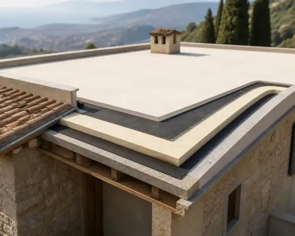 Cross-section of a flat roof showing layers of insulation, waterproofing, and finishing.