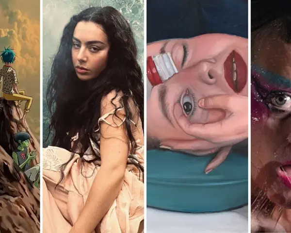Kolaż okładek albumów muzycznych: Gorillaz, Charli XCX, surrealistyczny portret i artysta w makijażu.