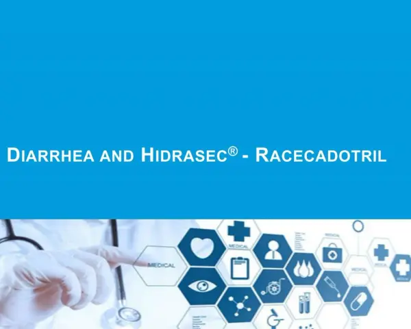 Lekarz w rękawiczce wskazuje na ikonki medyczne, obok napis "DIARRHEA AND HIDRASEC® - RACECADOTRIL".