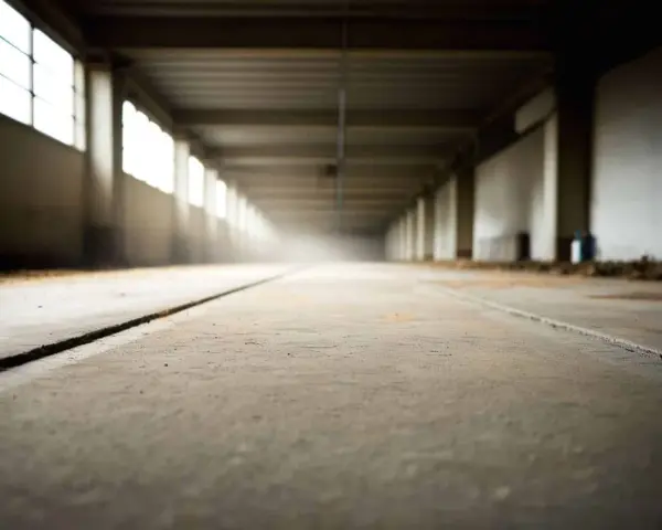 Długi korytarz z betonową posadzką, gdzie trwa zacieranie betonu. Światło wpada przez okna, tworząc mglistą atmosferę.