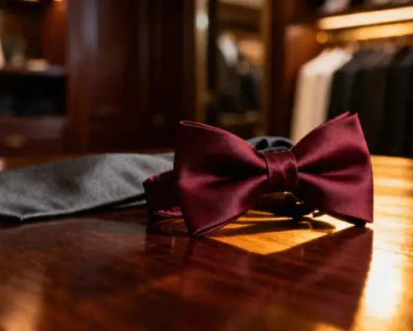 Elegancka bordowa mucha i szary krawat leżą na drewnianym stole. Wybór między muchą czy krawatem zależy od okazji.