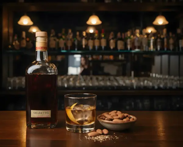 Butelka amaretto, szklanka z lodem i skórką pomarańczy, miseczka migdałów. Idealne połączenie, by dowiedzieć się, amaretto co to.
