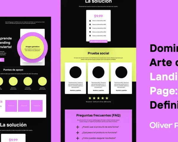 Infografía sobre cómo crear una landing page efectiva, con secciones de propuesta de valor, puntos de apoyo, pain points, solución, prueba social y FAQ.