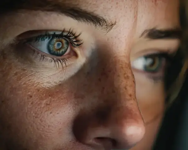 Gros plan sur les yeux d'une femme, révélant la beauté de sa peau tachetée. L'astaxanthine bienfaits pour une peau éclatante.