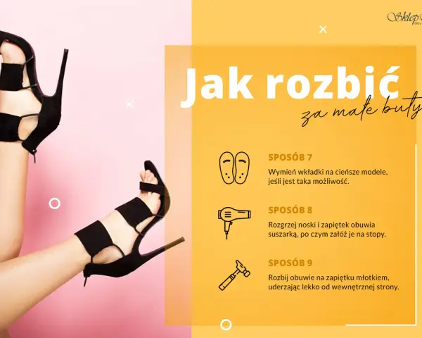 Nogi w czarnych sandałach na obcasie, obok ikon przedstawiających metody rozciągania butów.