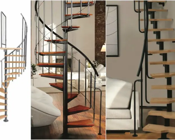 Eleganckie schody kręcone z drewnianymi stopniami i metalową balustradą, idealne jako wejście na poddasze użytkowe.
