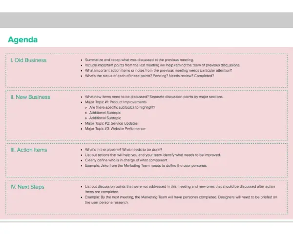 Agenda corporativa detallando puntos de negocio antiguo y nuevo, acciones y próximos pasos.