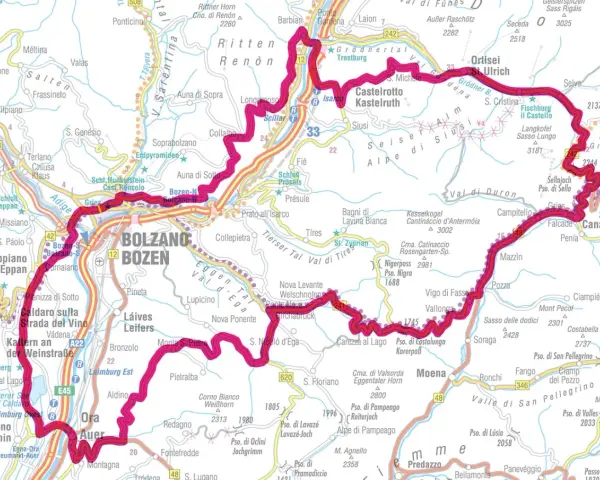 Mappa delle Dolomiti con itinerario di 5 giorni evidenziato in fucsia, partendo da Bolzano.