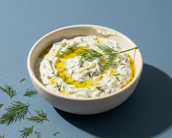 Schüssel mit cremigem Tzatziki, garniert mit Olivenöl und Dill. Perfekt für Ihr nächstes Tzatziki Rezept.