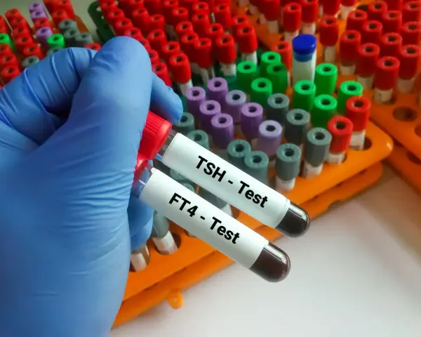 Ręka w niebieskiej rękawiczce trzyma probówki z oznaczeniami TSH i FT4 - Test. To kluczowe badania do oceny funkcji tarczycy.