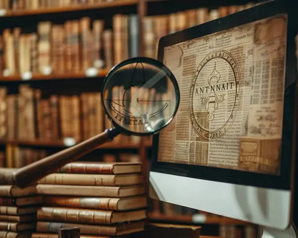 Loupe sur un écran affichant des documents anciens, évoquant la recherche de généalogie italienne gratuite en ligne parmi des livres d'histoire.