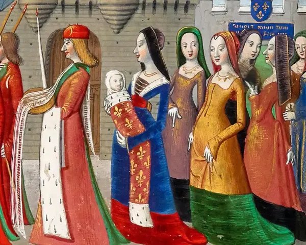 En procession från medeltiden år. En kunglig familj med barn bär rika kläder.