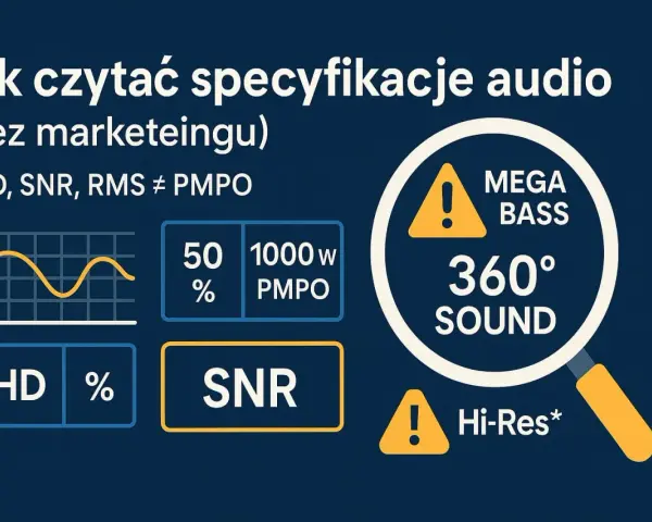Wykresy i parametry jak THD, SNR, PMPO pomagają ocenić efektywność głośnika. Mega Bass i 360° Sound to chwyty marketingowe.