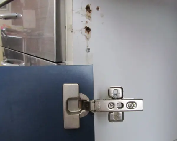Cerniera di un mobile blu fissata con viti. Vicino, un foro nel legno indica come avvitare una vite che gira a vuoto nel legno.
