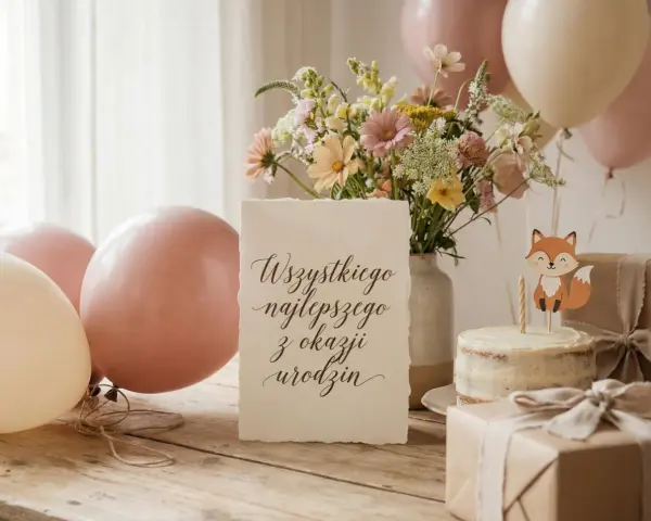 Uroczy tort z liskiem, balony i bukiet kwiatów. Idealne na śmieszne życzenia urodzinowe dla wnuczki!