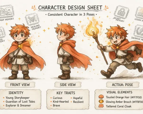 Diseño de personajes para historias: un joven aventurero con capa naranja, visto de frente, perfil y en acción con una antorcha.