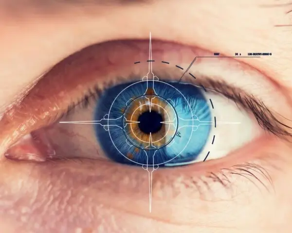 Occhio umano con reticolo futuristico sovrapposto, che simboleggia la ricerca di cure per la distrofia epr.