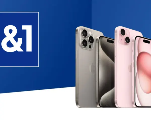 1&1 Logo neben iPhones in Silber und Rosa auf blauem Hintergrund.