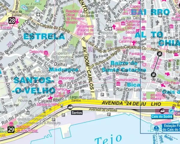Lizbona powierzchnia: mapa z zaznaczonymi ulicami, budynkami i punktami orientacyjnymi, w tym stacją Cais do Sodré.