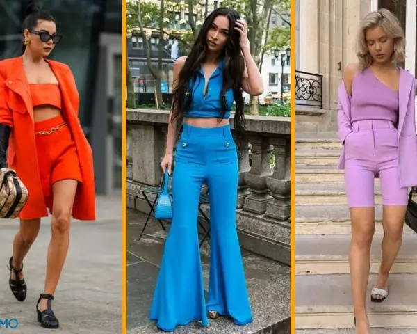 Tres mujeres lucen atuendos vibrantes, capturando los **colores del verano**: naranja, azul eléctrico y lavanda.