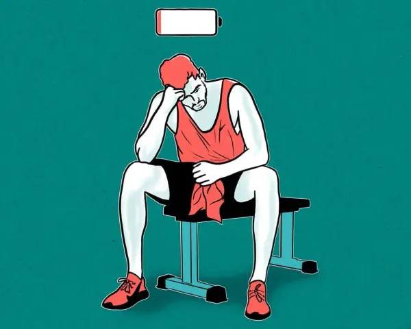 Homme épuisé, assis sur un banc, avec une batterie faible au-dessus de sa tête, symbolisant une carence en protéines.