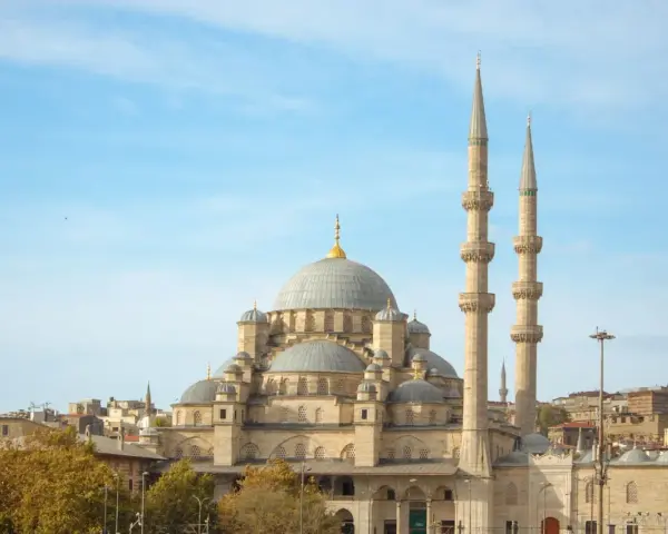 Majestatyczny meczet z kopułami i minaretami, górujący nad miastem. Widok na Złoty Róg w Stambule.