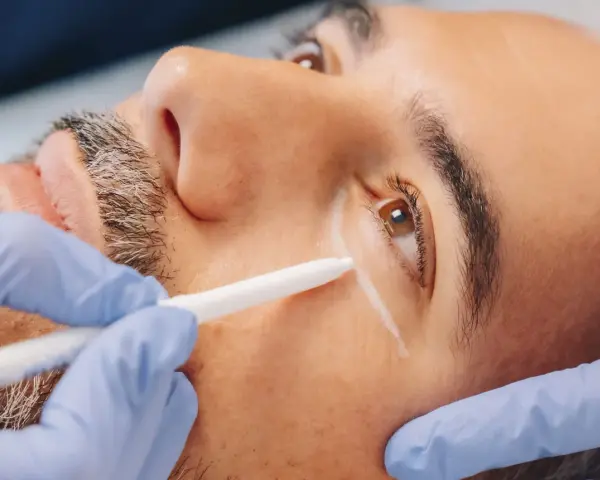 Man receiving treatment to eliminate dark circles permanently. A gloved hand holds a device near his eye.
