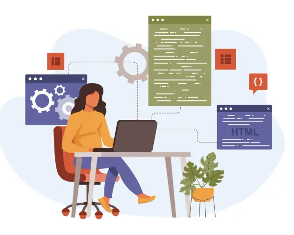 Kobieta przy biurku uczy się, jak zostać programistą, analizując kod na ekranie laptopa i okna z HTML.
