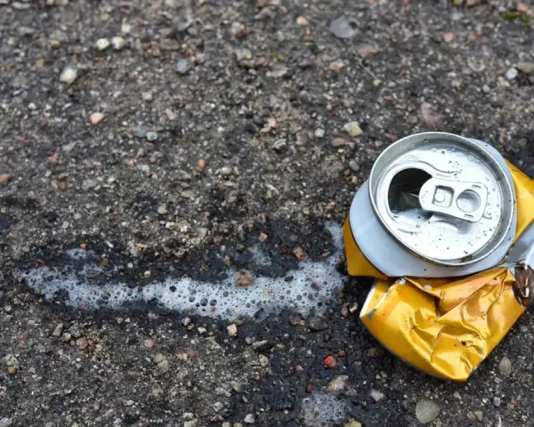 Zgnieciona puszka po piance montażowej leży na asfalcie, obok śladów piany. Pamiętaj o prawidłowej utylizacji!