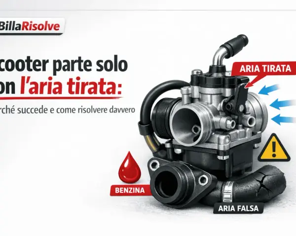 Carburatore di un motore termico benzina, con indicazioni su aria tirata, benzina e aria falsa.
