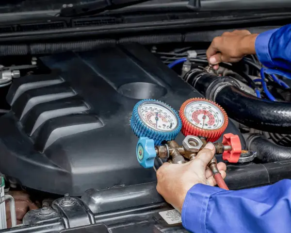 Mecánico realiza carga de gas al aire acondicionado de un coche, usando manómetros para verificar la presión.