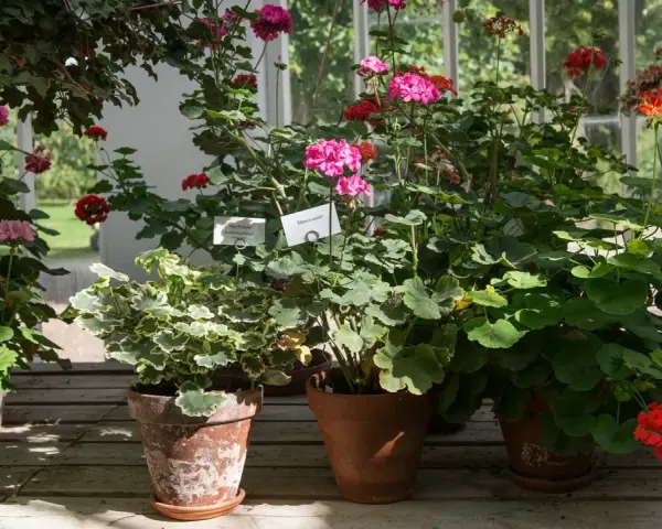 En samling gammaldags pelargoner i krukor, med blommor i rosa, rött och lila. Vissa har skyltar med namn.