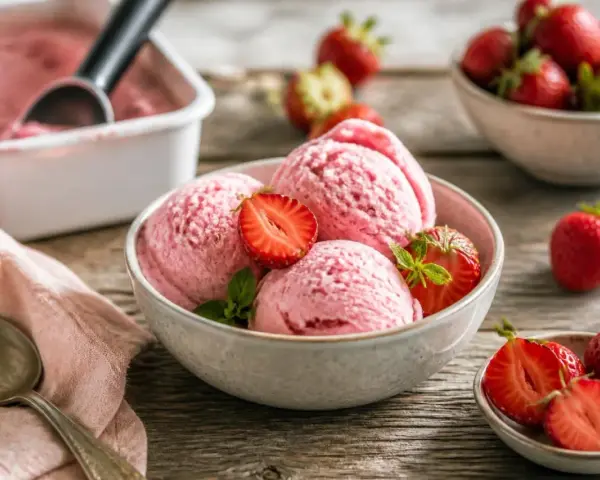 Schneebälle aus schnellem Erdbeereis, garniert mit frischen Erdbeeren und Minze, auf einem Holztisch.