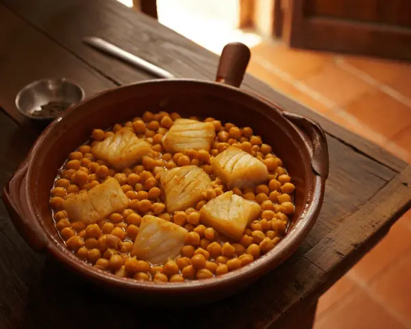 Guiso de garbanzos con trozos de bacalao en cazuela de barro.